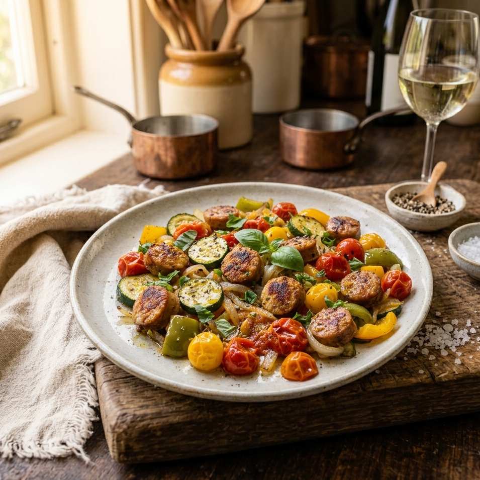 Poêlée d’été saucisse, courgettes confites, tomates cerises & basilic