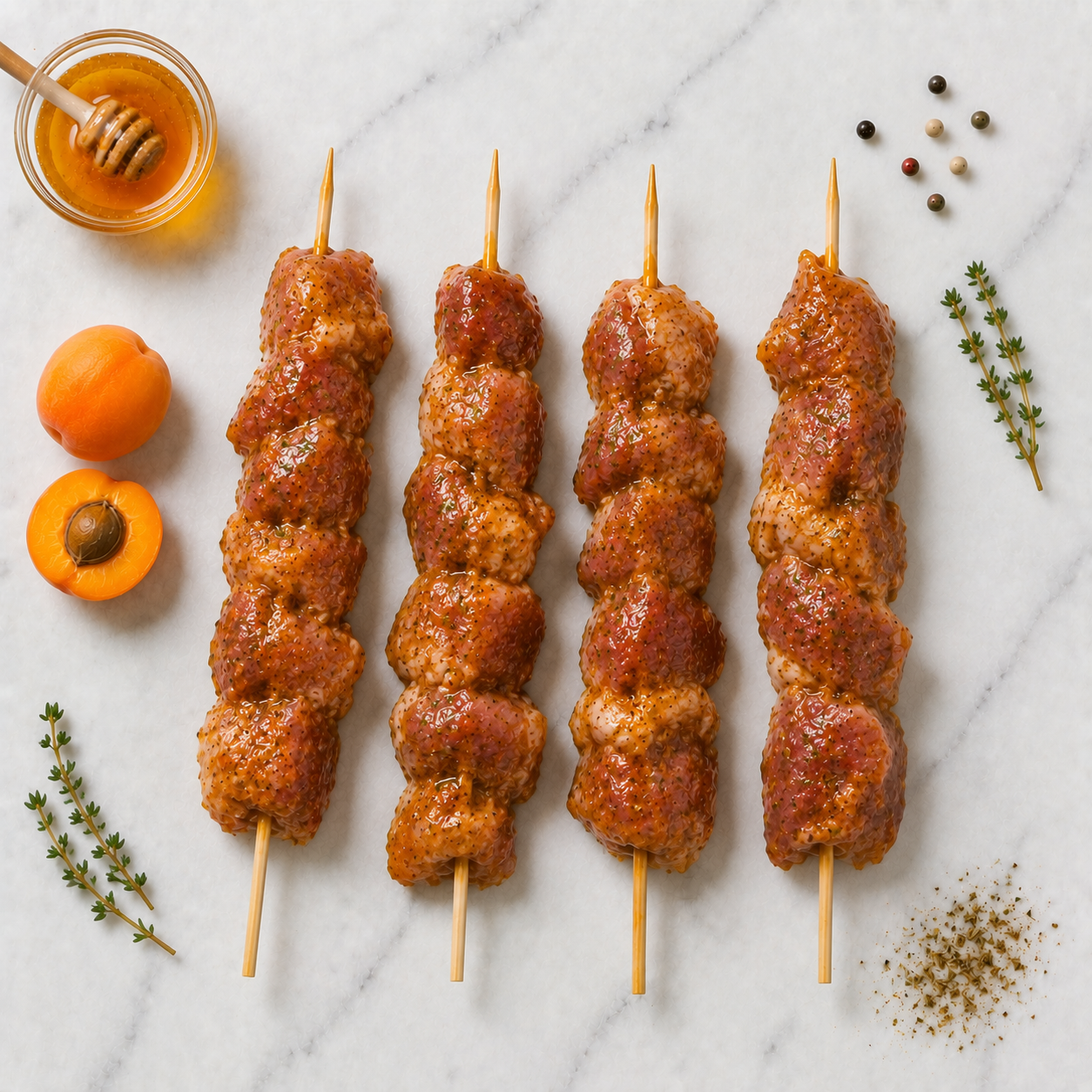 BROCHETTES DE CANARD MARINÉ MIEL ABRICOT