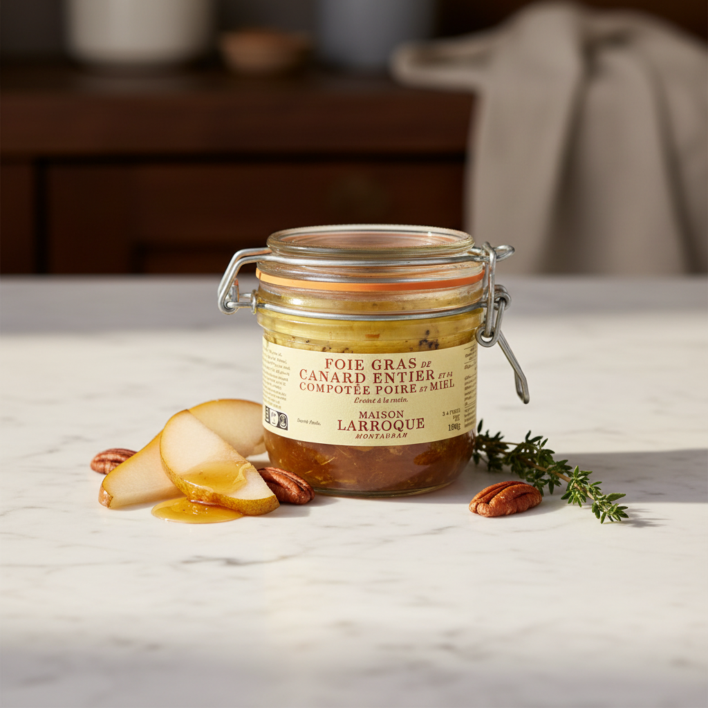 FOIE GRAS DE CANARD ENTIER À LA POIRE ET AU MIEL