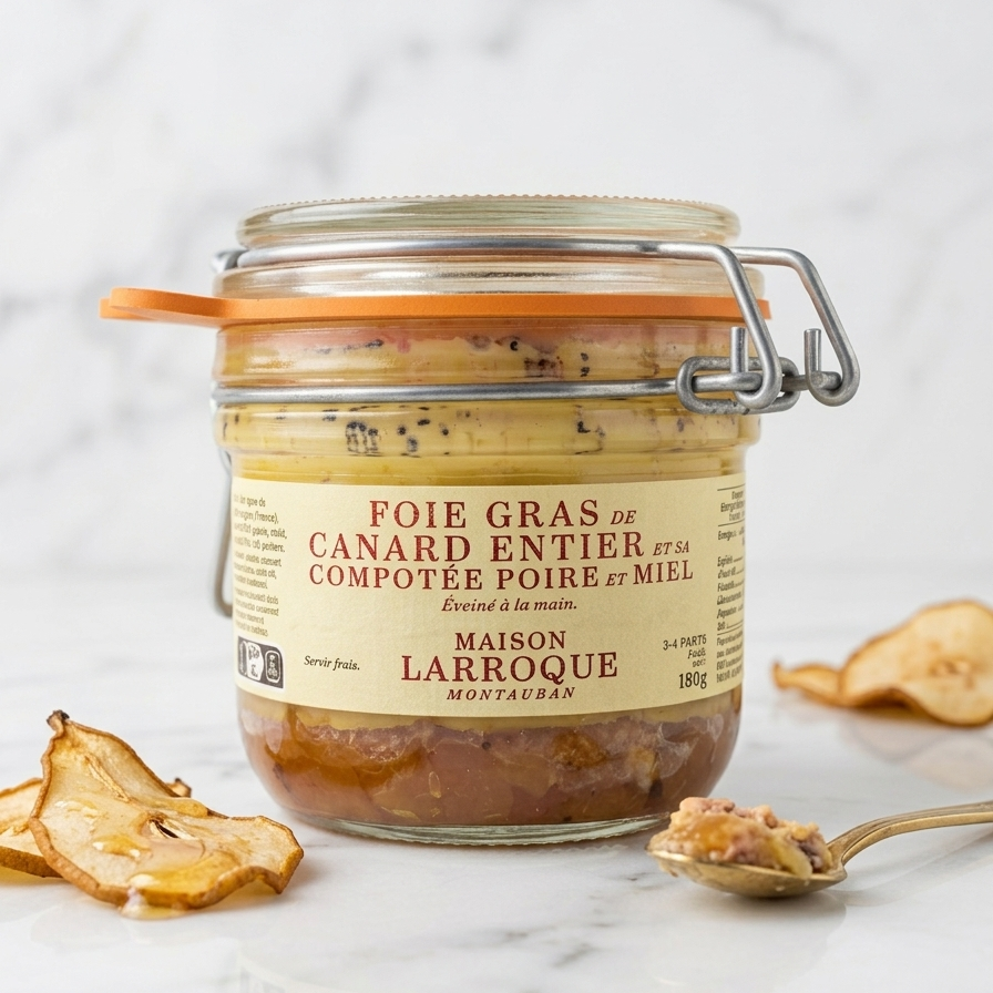 FOIE GRAS DE CANARD ENTIER À LA POIRE ET AU MIEL